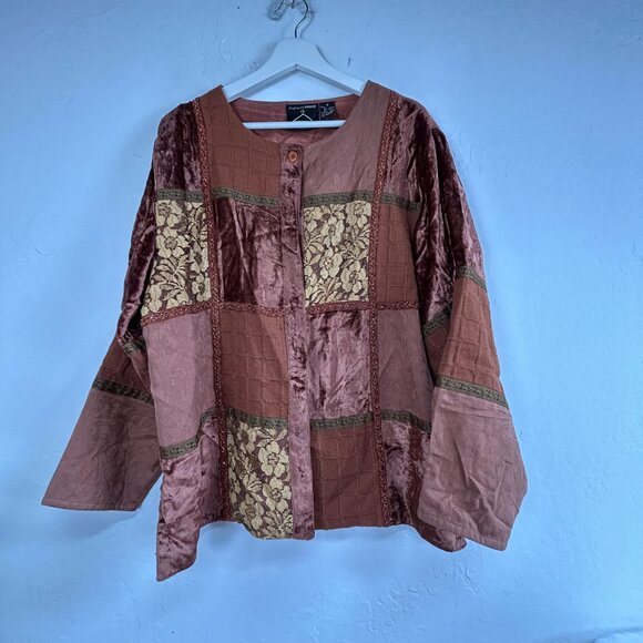 Shopping With Anthony Patchwork Jacket 1X Earthy Tones Velvet & Lace Art to Wear - Picture 1 of 8